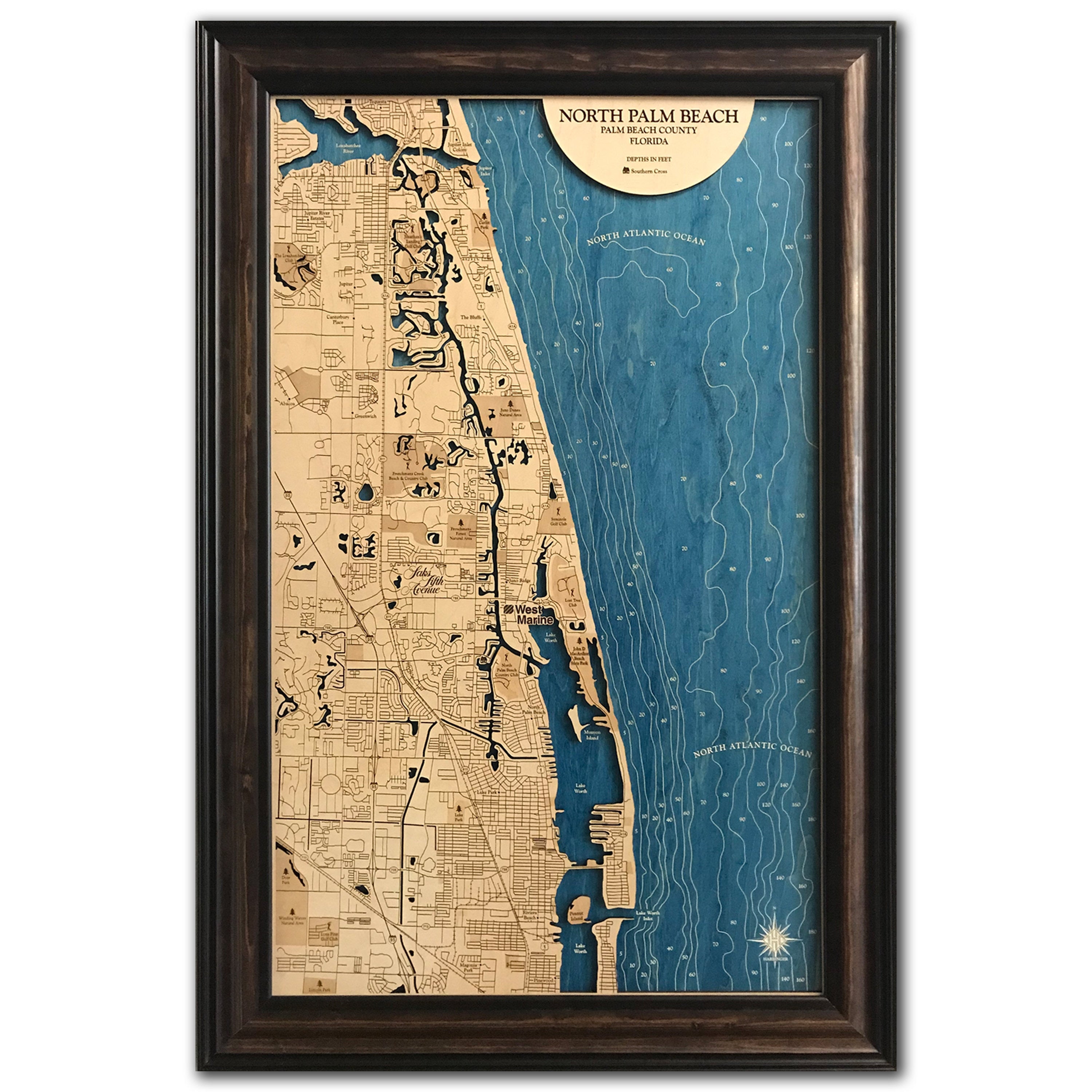 North Palm Beach Jupiter Inlet Florida Dimensional Wood Carved Depth Contour Map