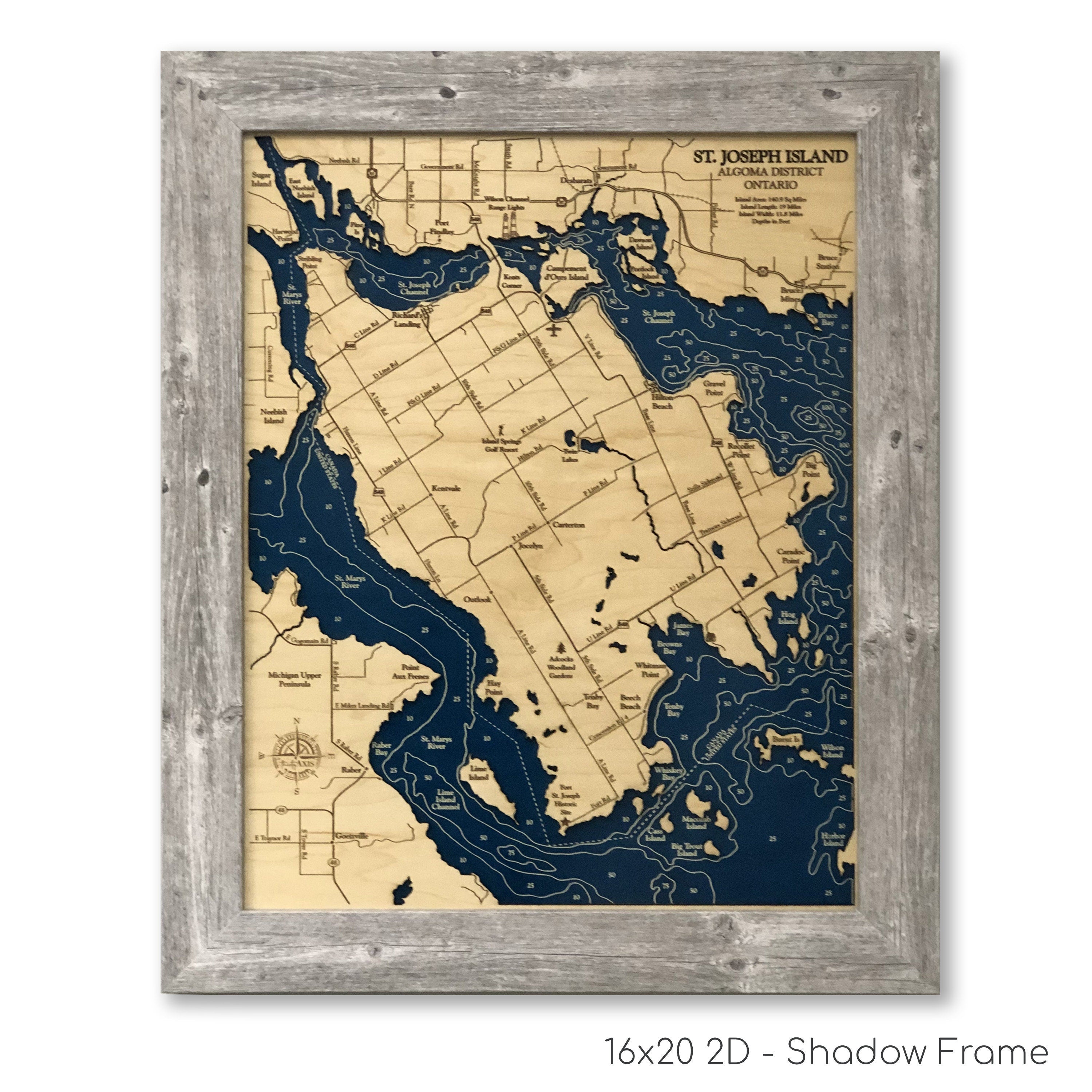 St Joseph Island Dimensional Wood Carved Depth Contour Map