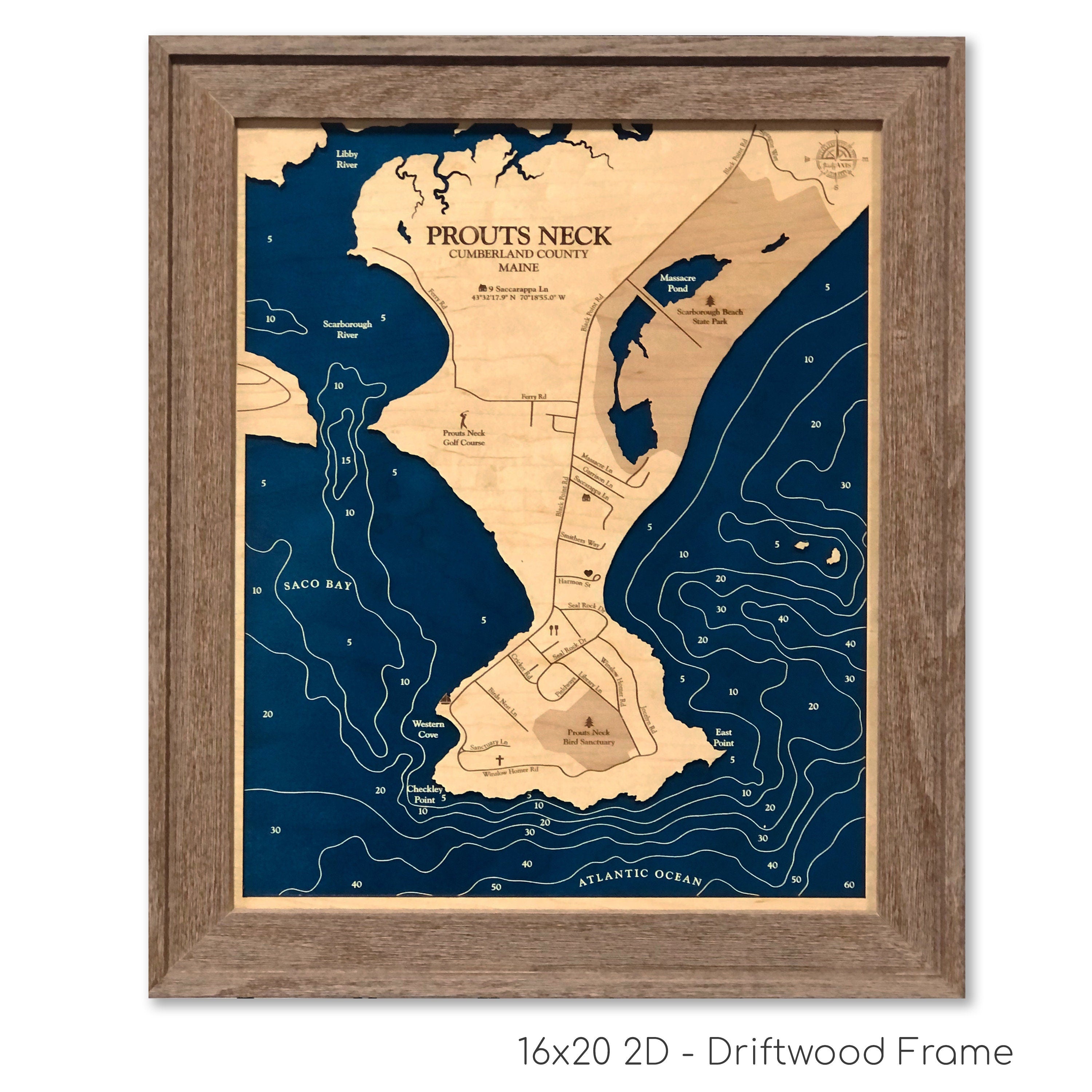Prouts Neck Maine Dimensional Wood Carved Depth Contour Map