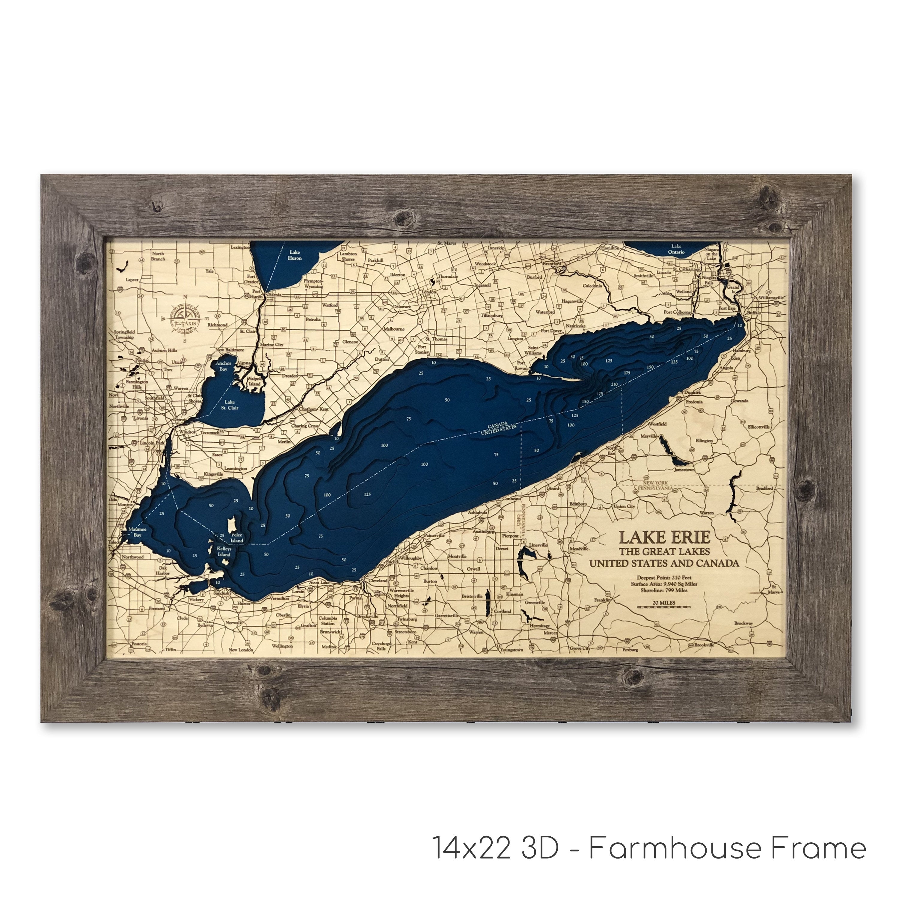 Lake Erie Dimensional Wood Carved Depth Contour Map