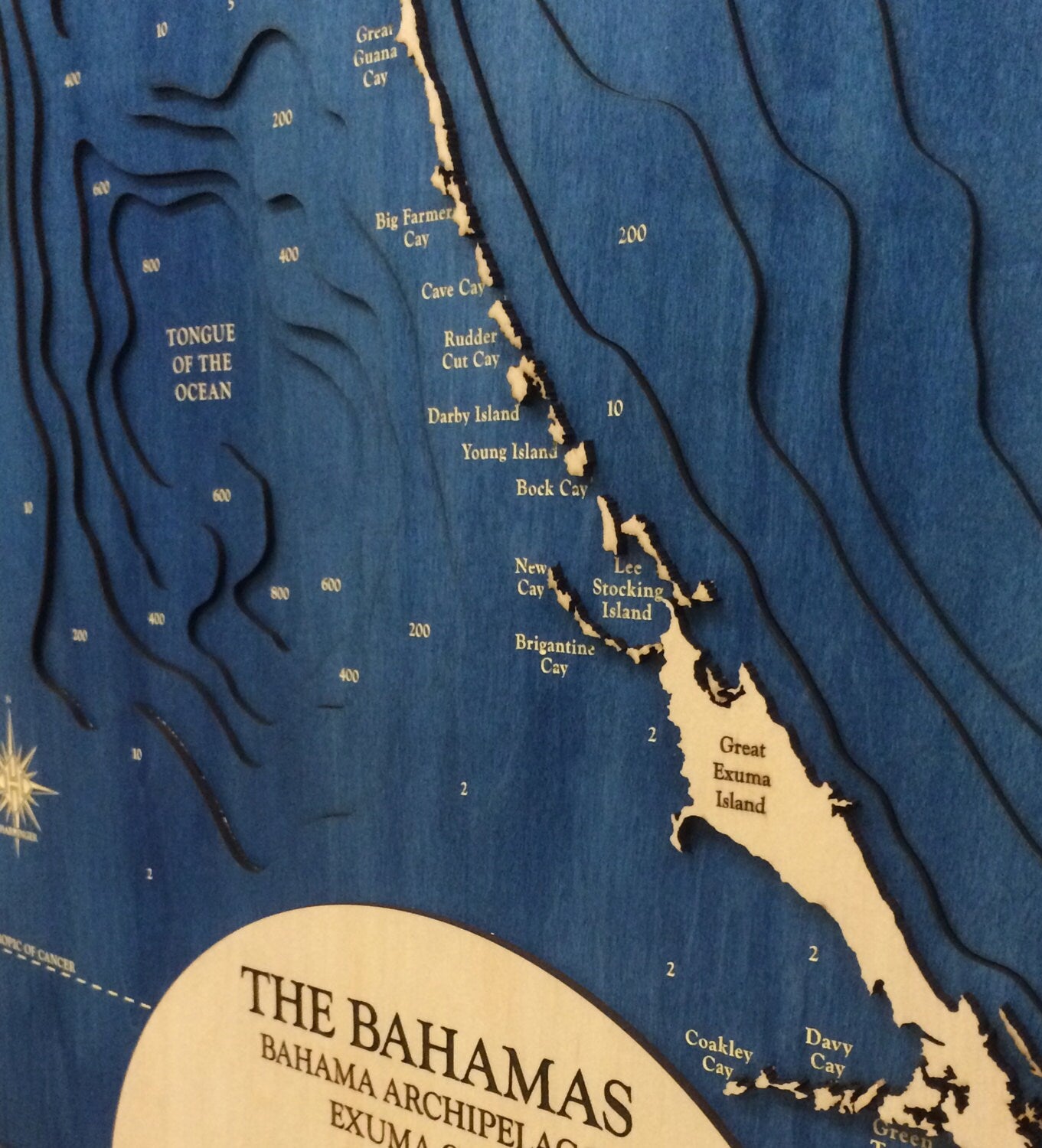 Bahamas Archipelago Dimensional Wood Carved Depth Contour Map