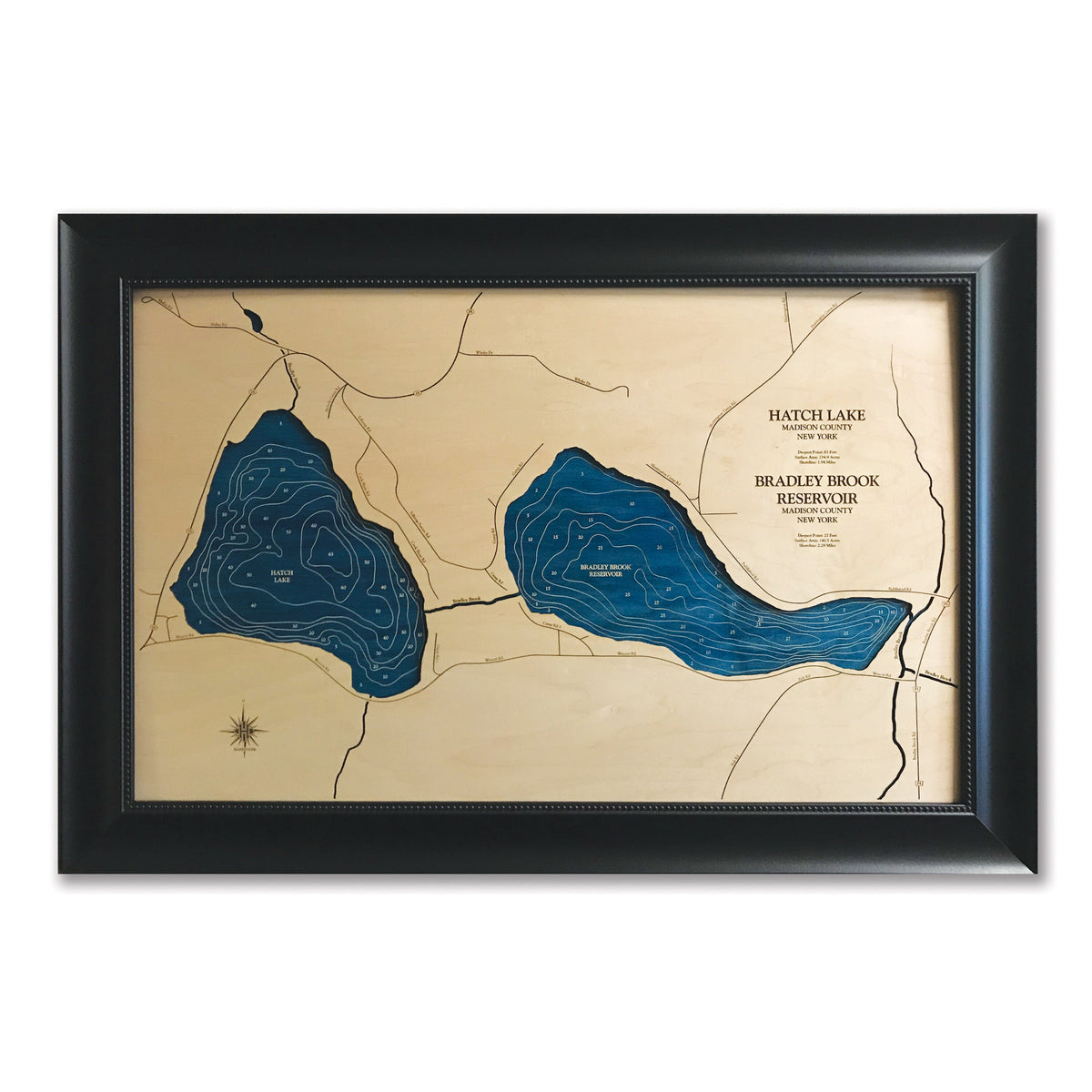 Hatch Lake and Bradley Brook Reservoir Wooden Maps thirtyAXIS