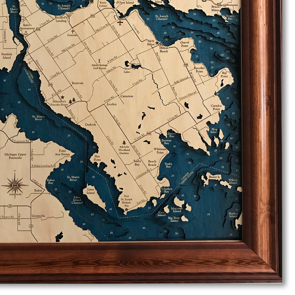 St Joseph Island Dimensional Wood Carved Depth Contour Map Laser Engraved Wood Map