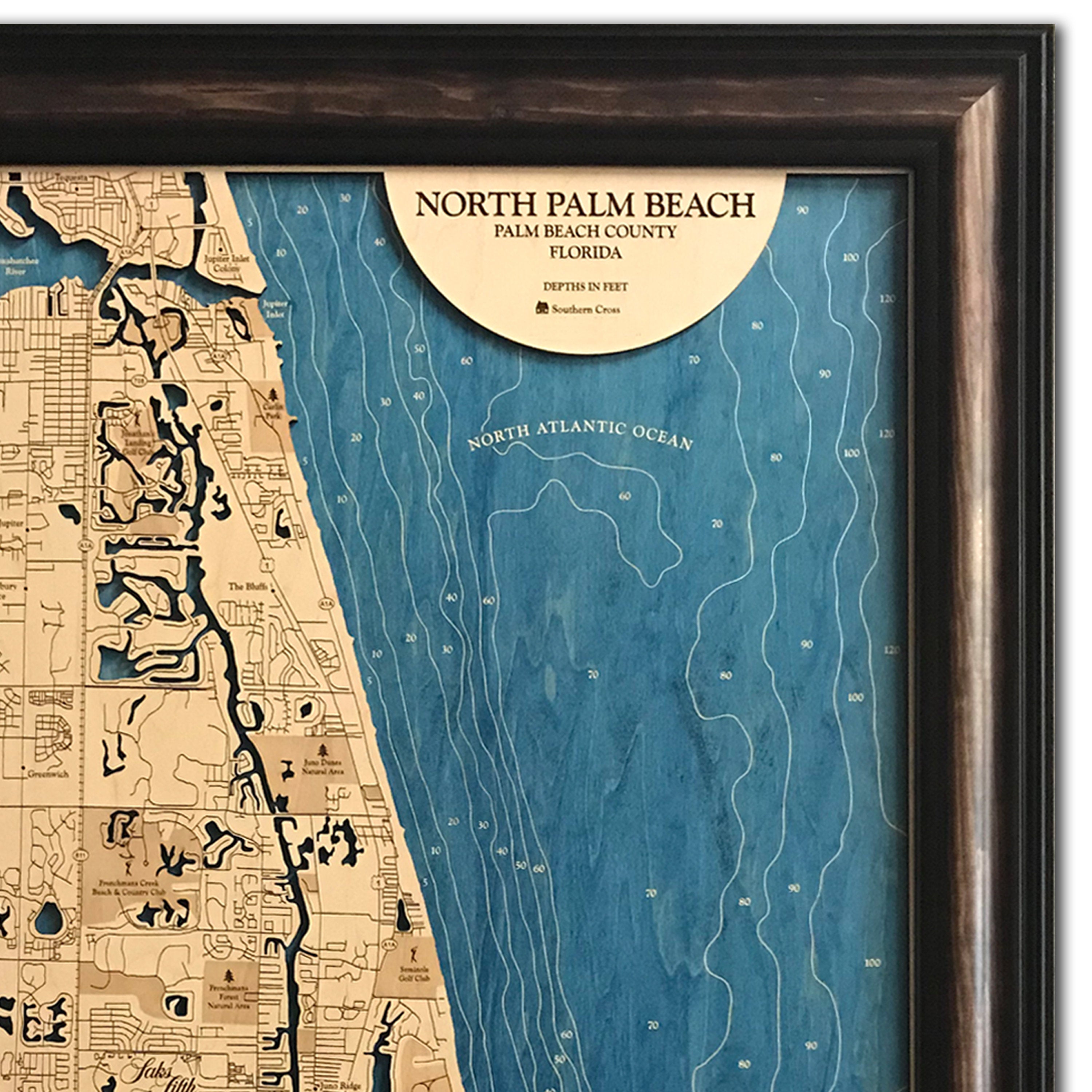 North Palm Beach Jupiter Inlet Florida Dimensional Wood Carved Depth Contour Map