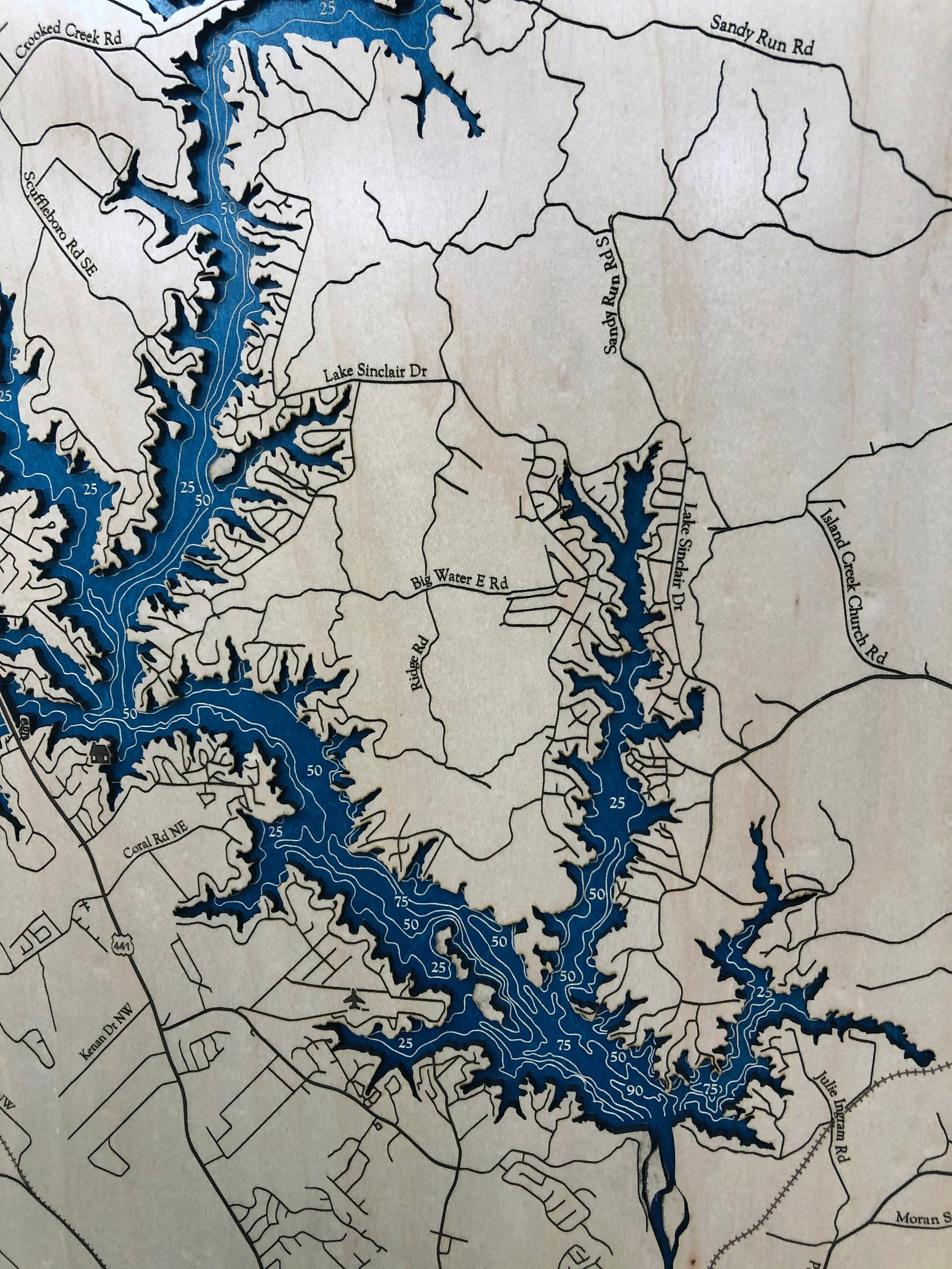 Lake Sinclair Laser Engraved Wood Map