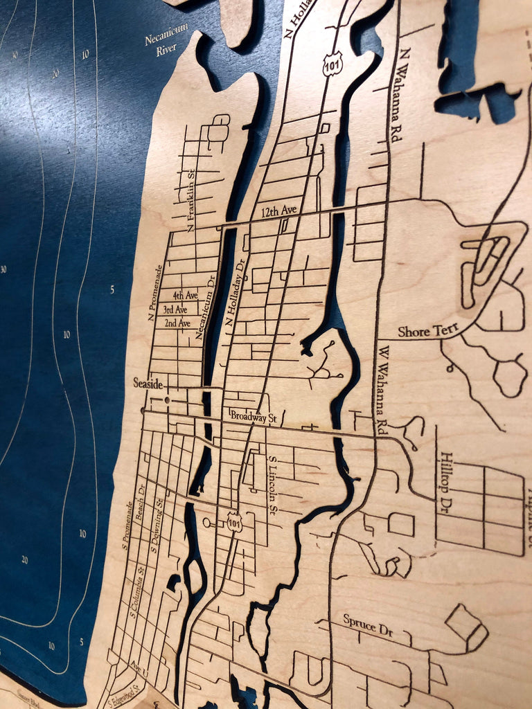 Seaside Oregon Map Laser Engraved Wood Map