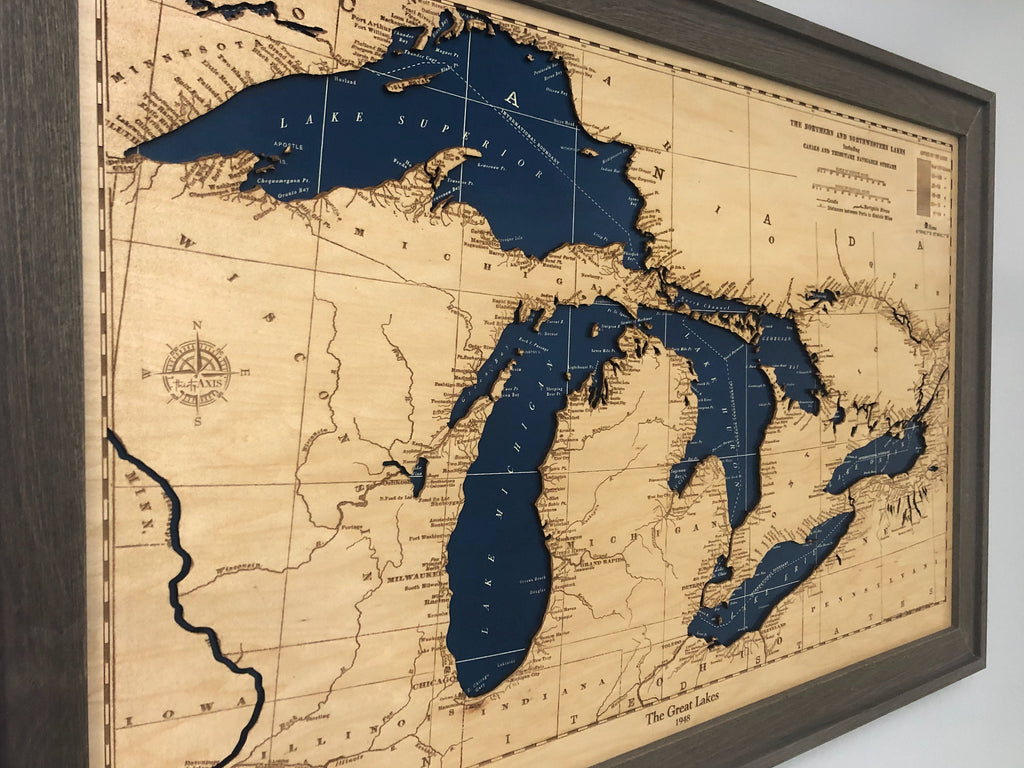 Great Lakes 1948 Map Laser Engraved Wood Map