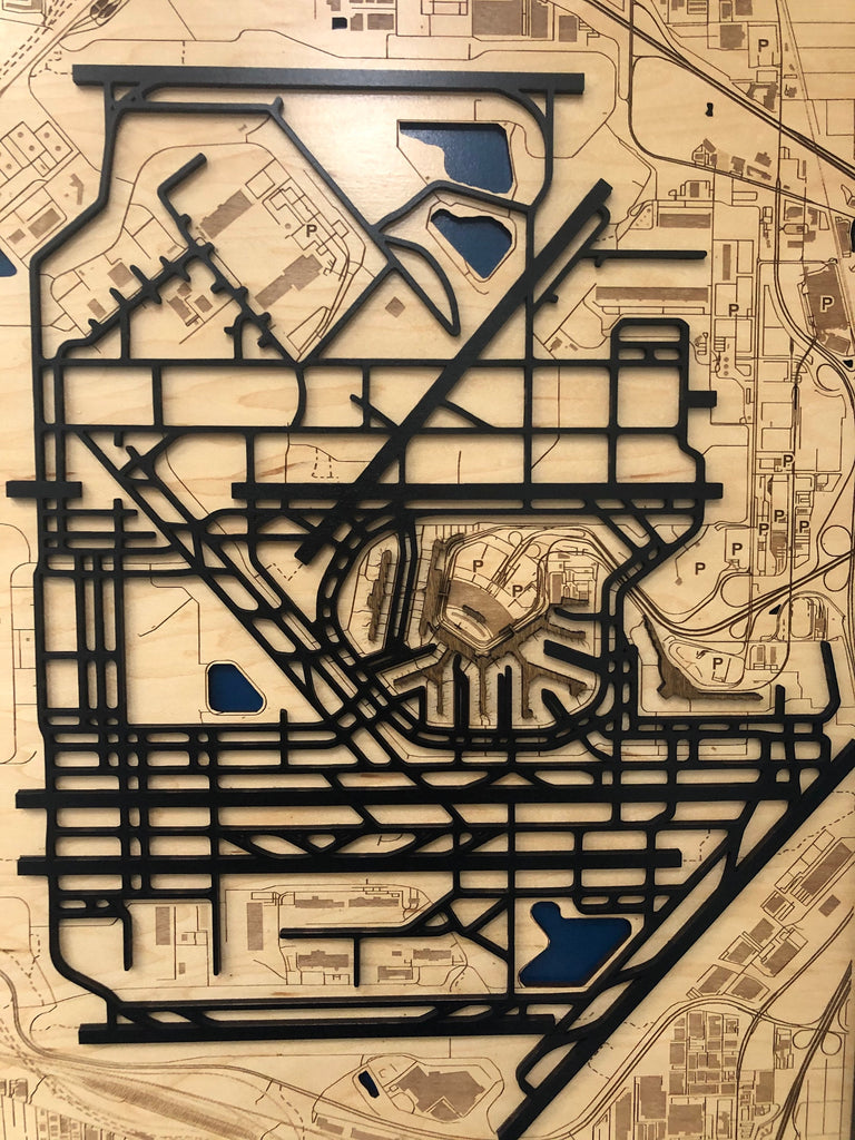 O'Hare Airport Map Laser Engraved Wood Map