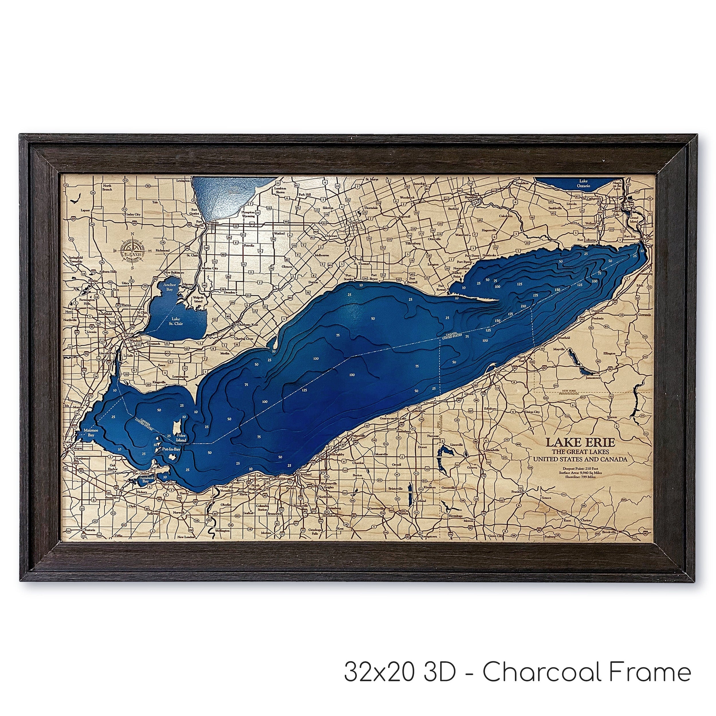 Lake Erie Dimensional Wood Carved Depth Contour Map