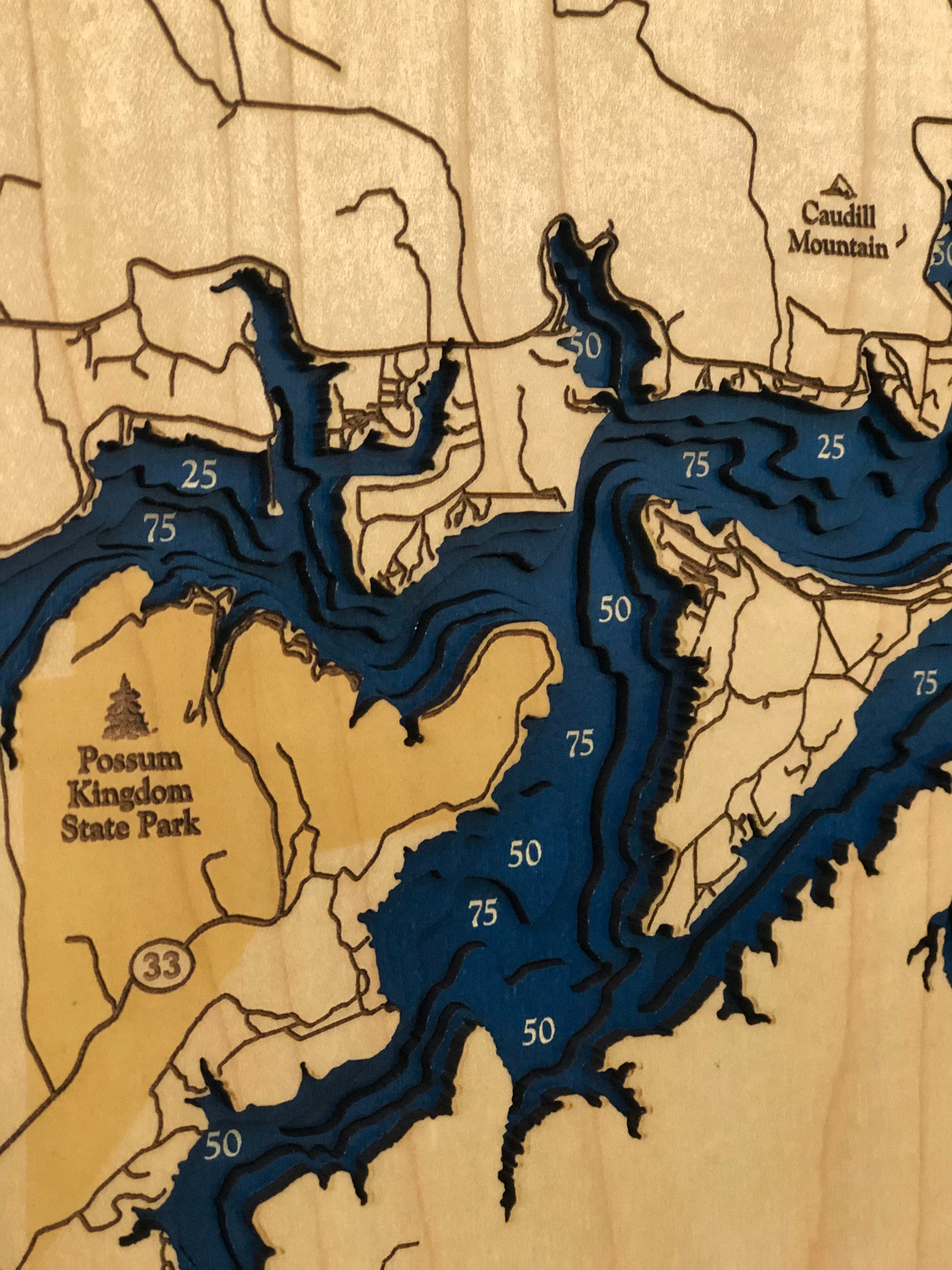 Possum Kingdom Lake Map Laser Engraved Wood Map