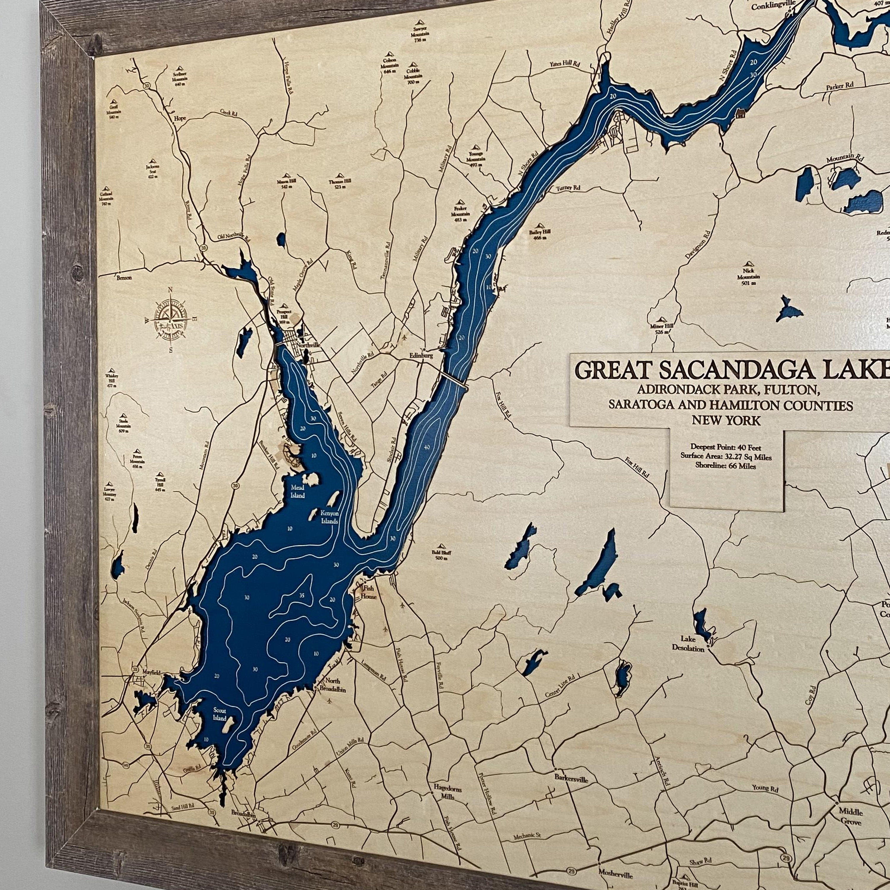 Great Sacandaga Lake Map Laser Engraved Wood Map