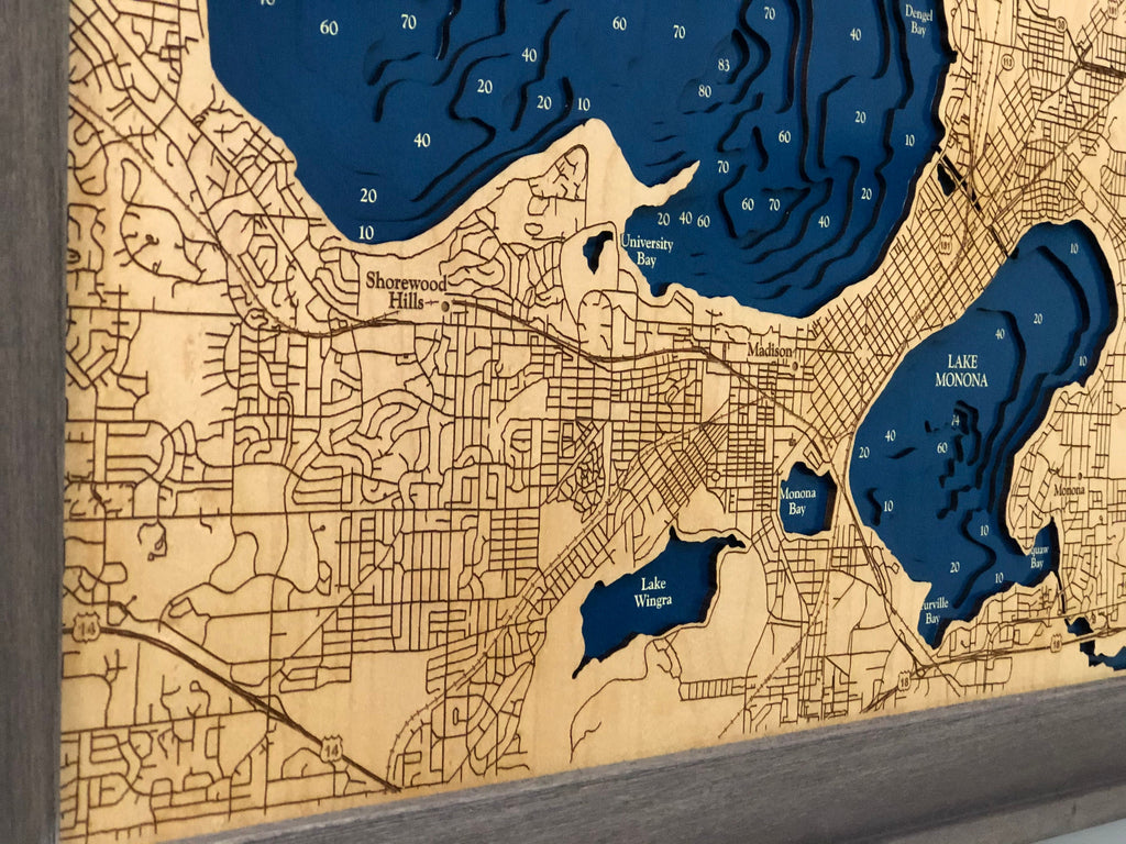 Lake Mendota + Lake Monona Laser Engraved Wood Map