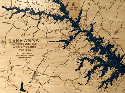 Lake Anna Map Laser Engraved Wood Map