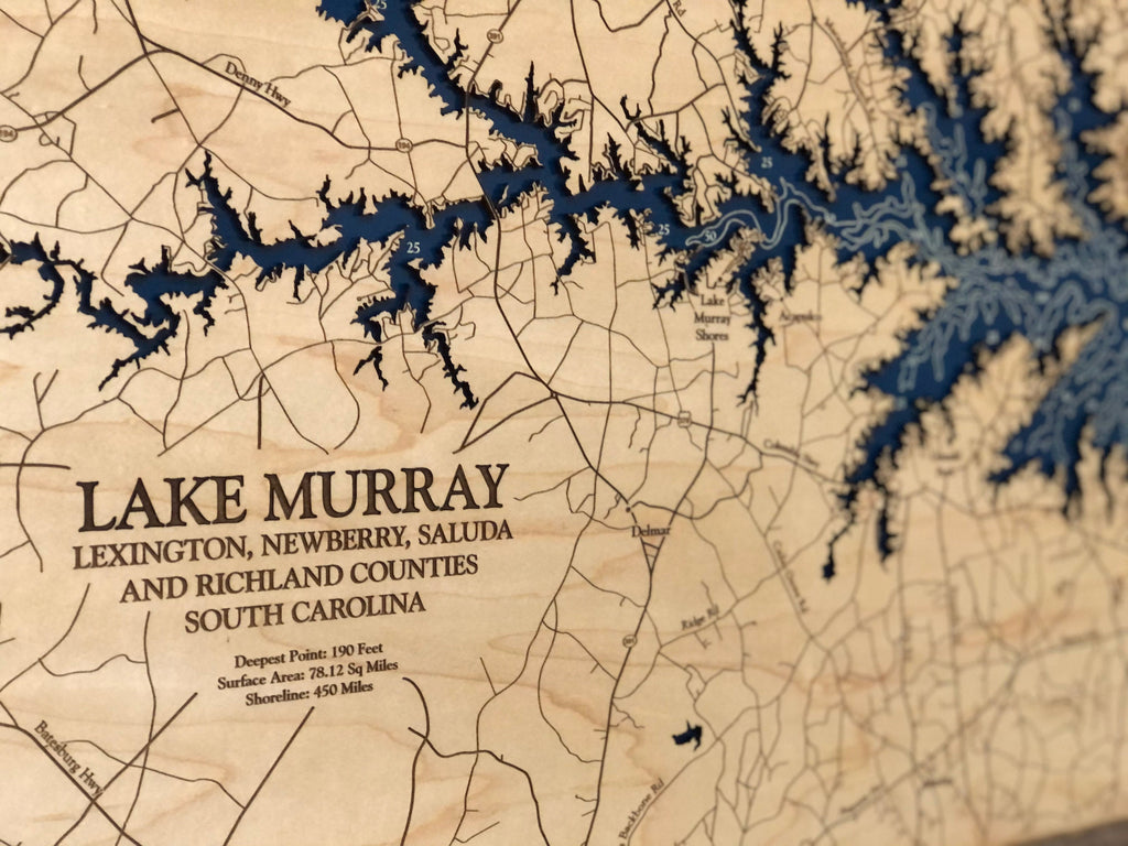 Lake Murray Laser Engraved Wood Map
