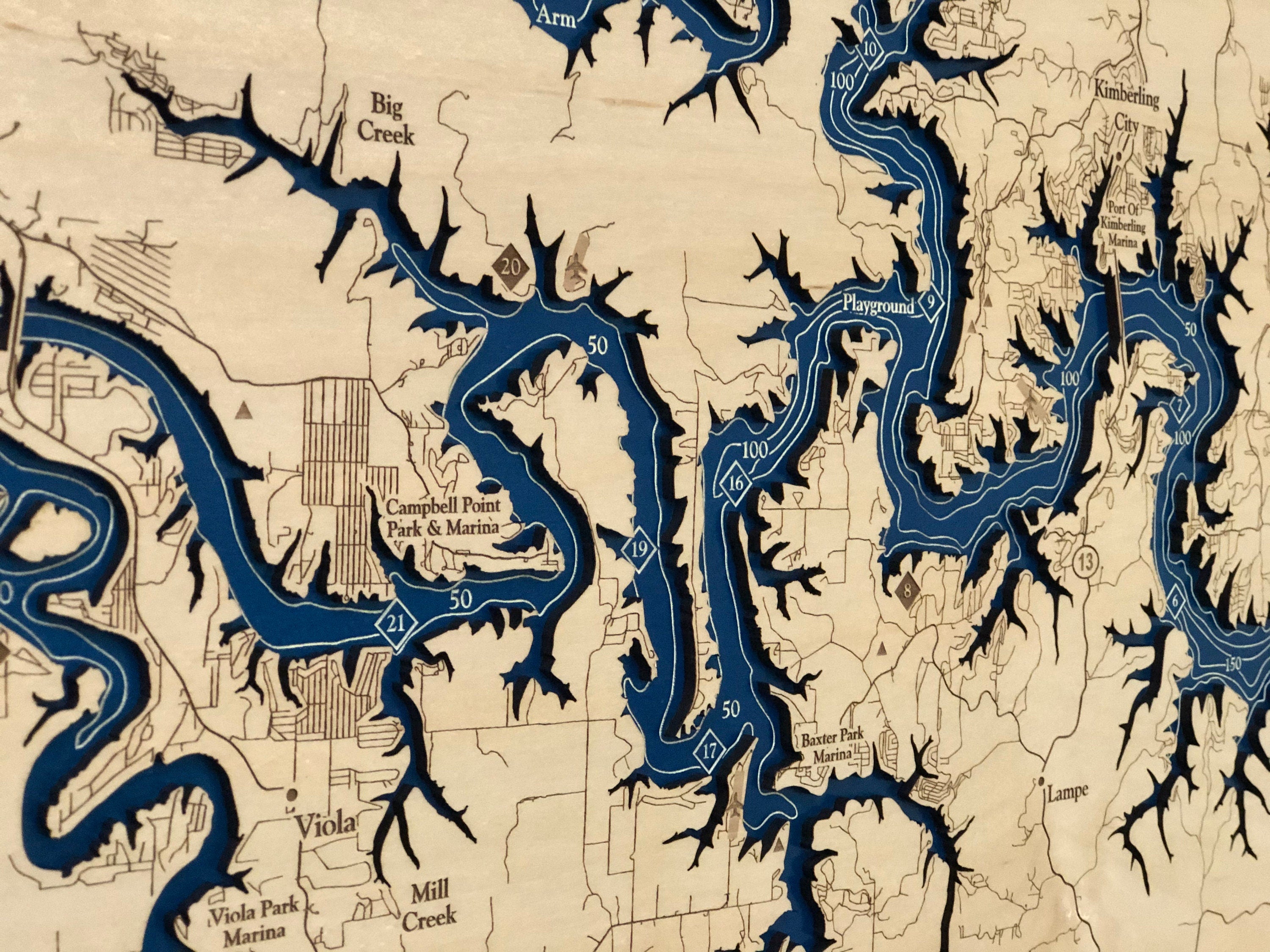 Table Rock Lake Laser Engraved Wood Map