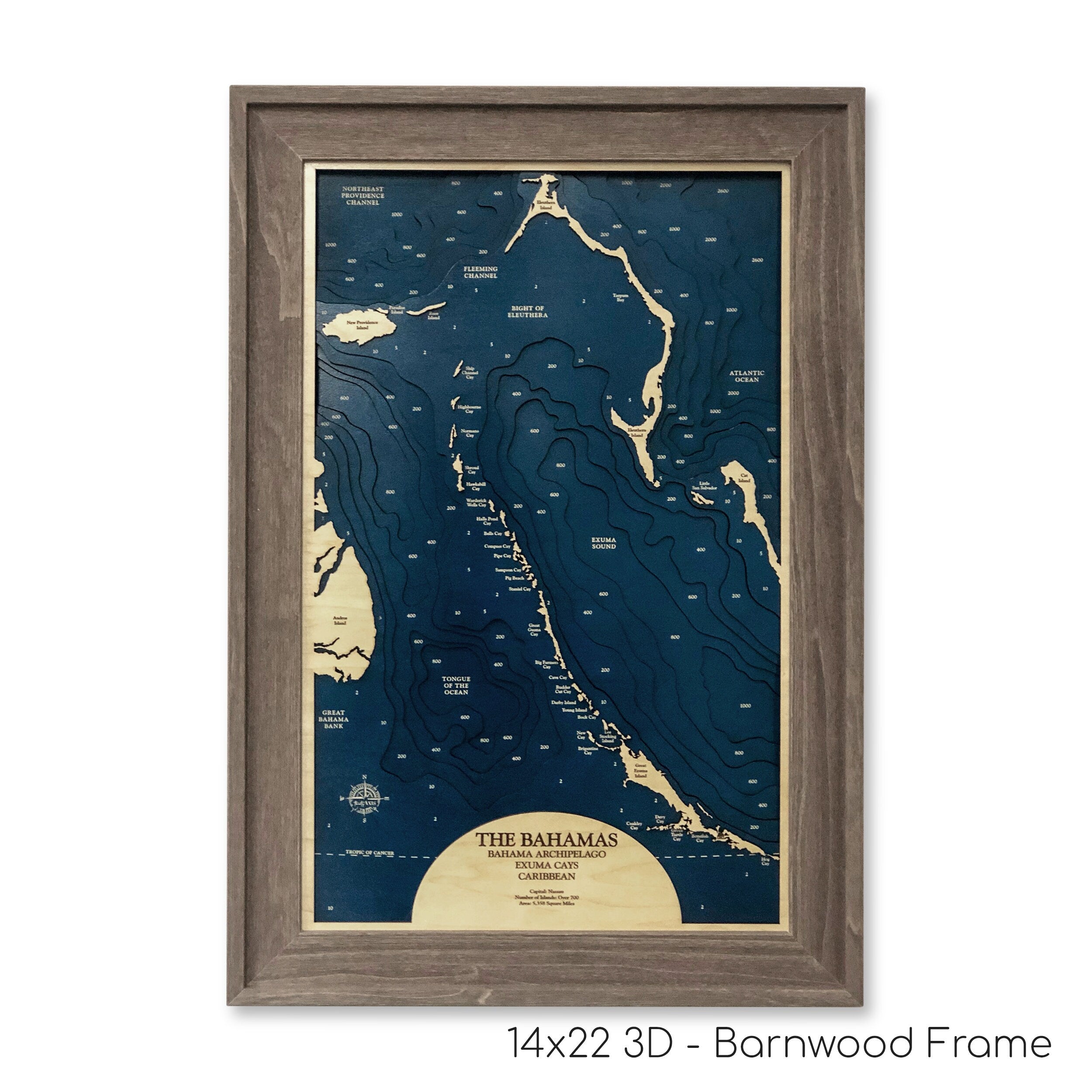 Bahamas Archipelago Dimensional Wood Carved Depth Contour Map