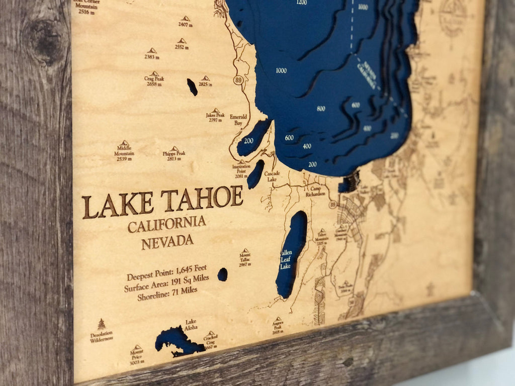 Lake Tahoe Laser Engraved Wood Map