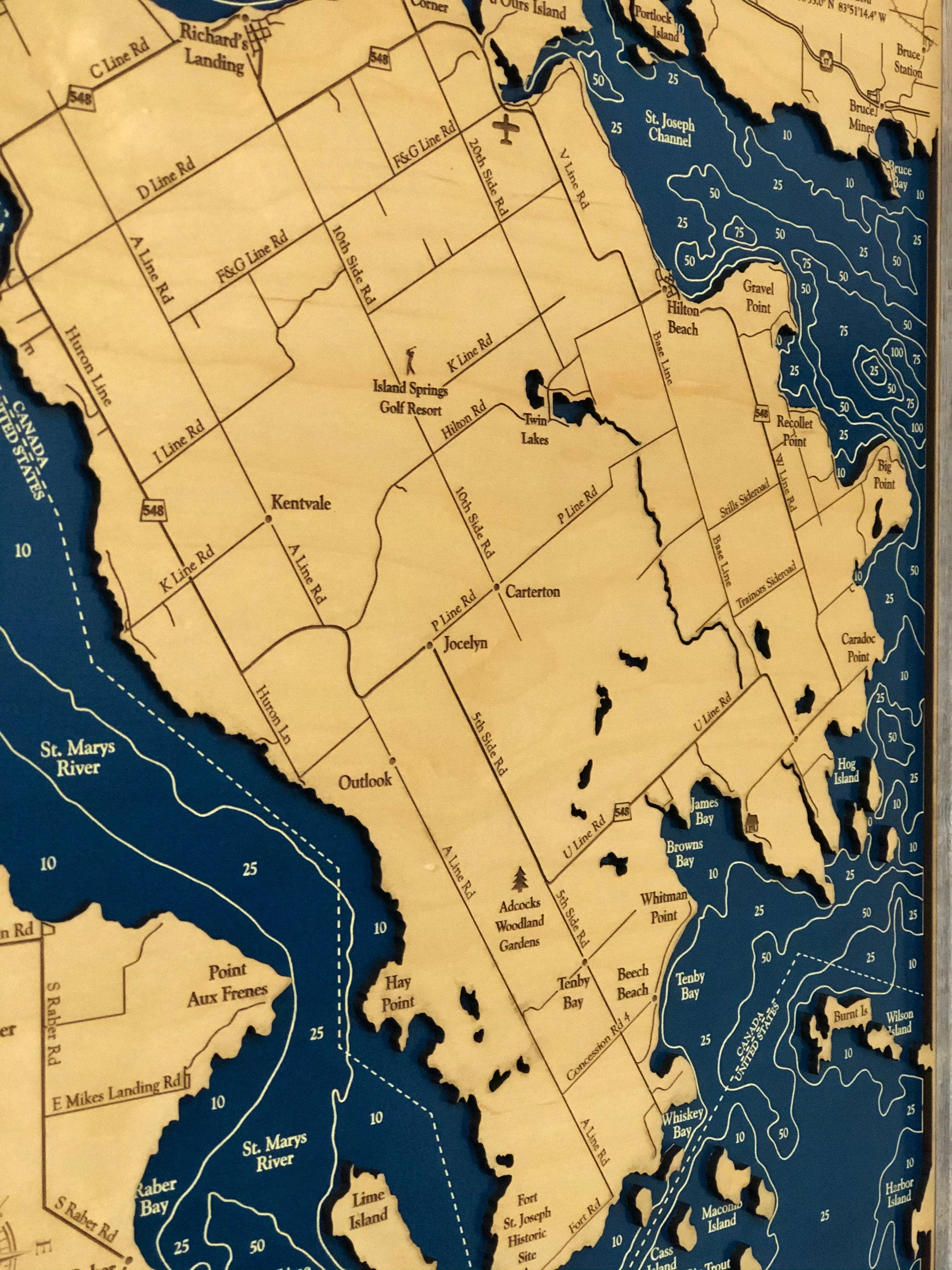 St Joseph Island Dimensional Wood Carved Depth Contour Map