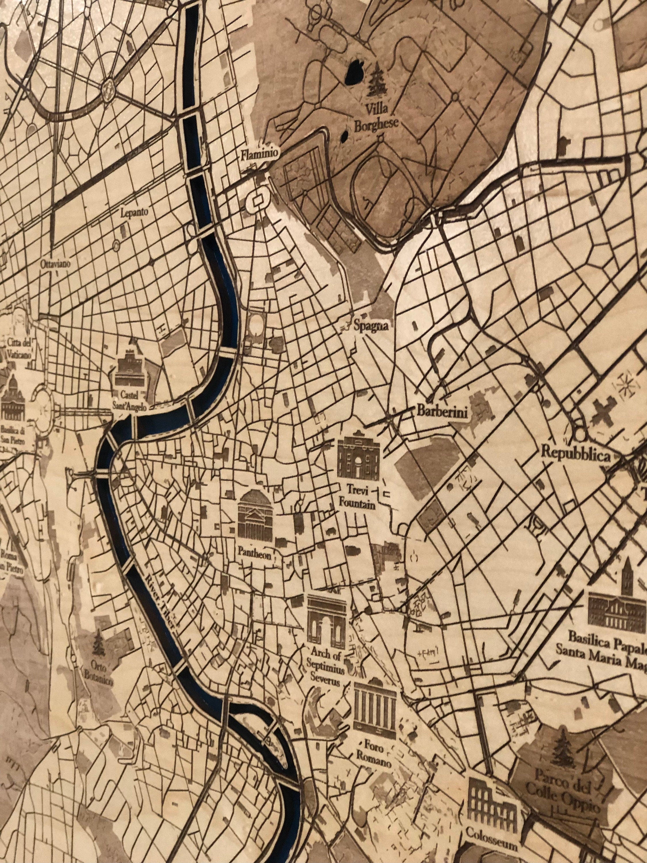 Rome Map Laser Engraved Wood Map