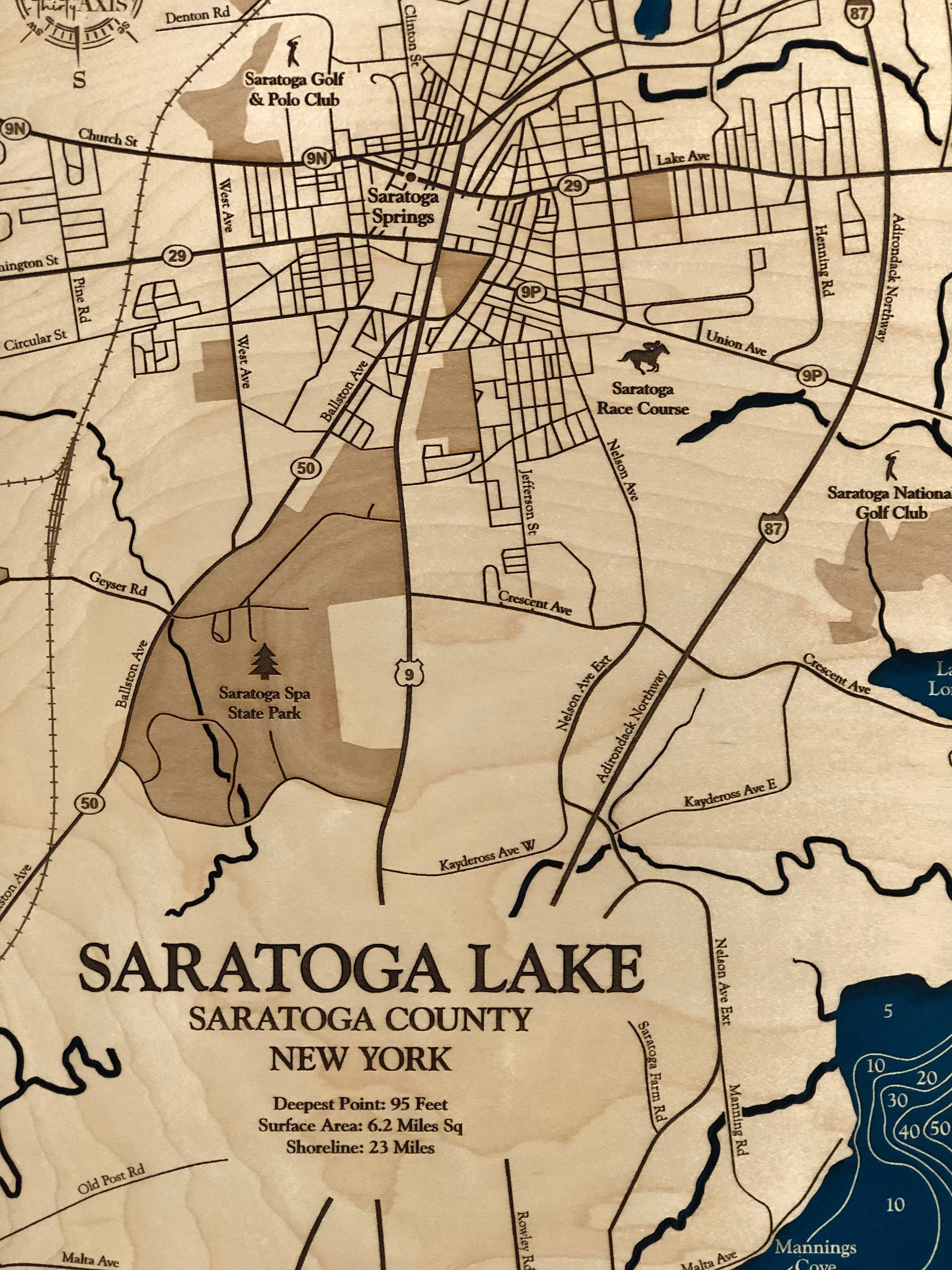 Saratoga Springs and Saratoga Lake Laser Engraved Wood Map