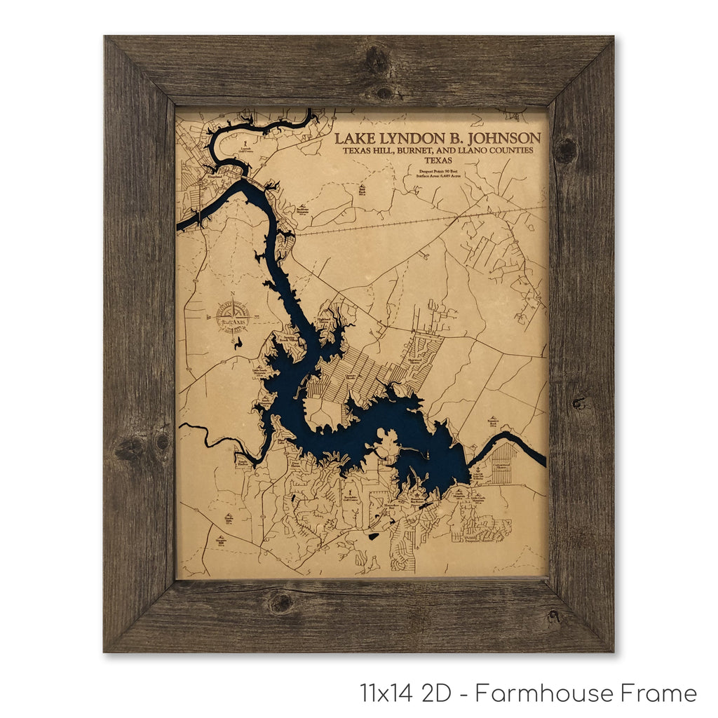 Lake Lyndon B. Johnson Map Laser Engraved Wood Map