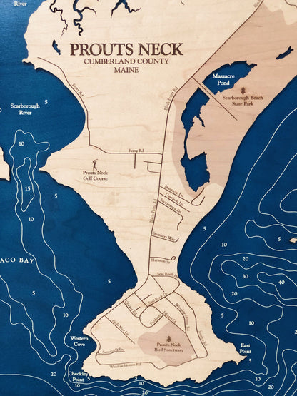 Prouts Neck Maine Dimensional Wood Carved Depth Contour Map