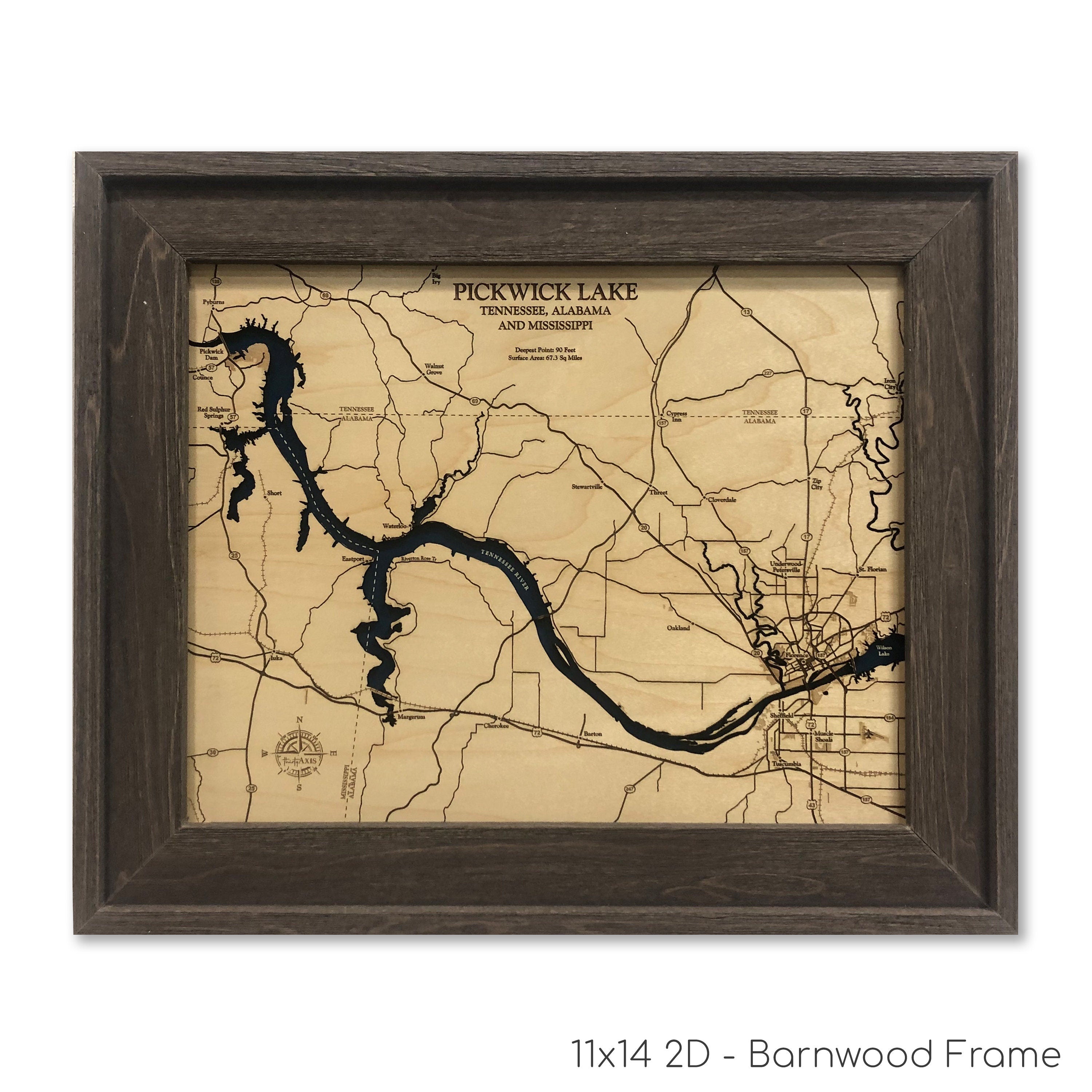 Pickwick Lake Laser Engraved Wood Map