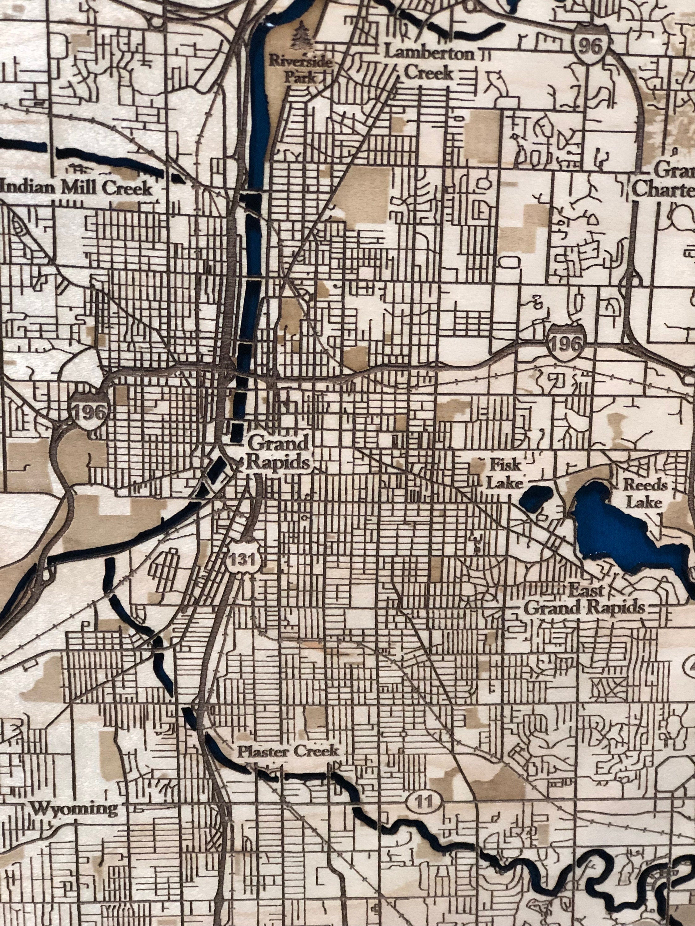 Grand River Map Laser Engraved Wood Map