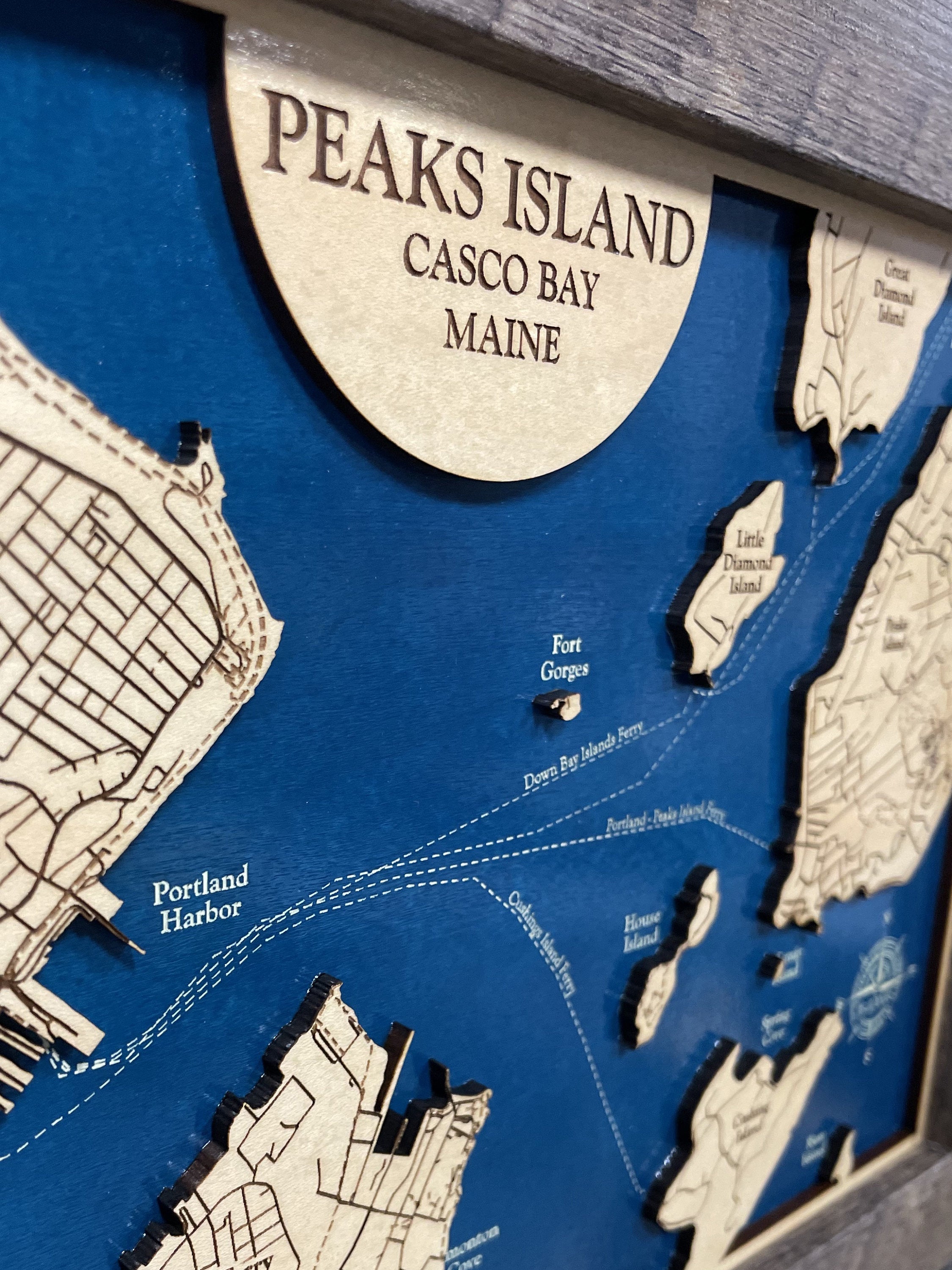 Peaks Island Map Laser Engraved Wood Map