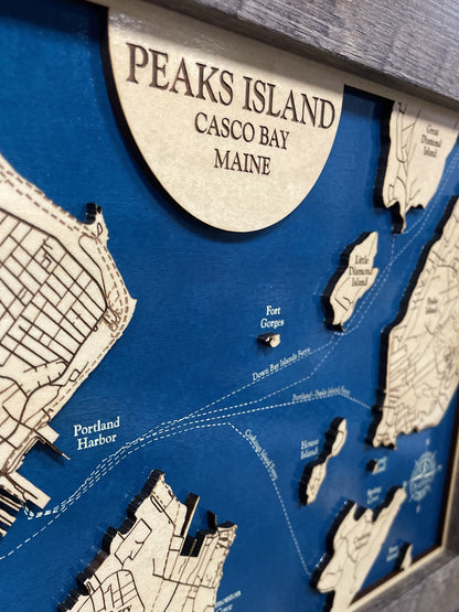 Peaks Island Map Laser Engraved Wood Map