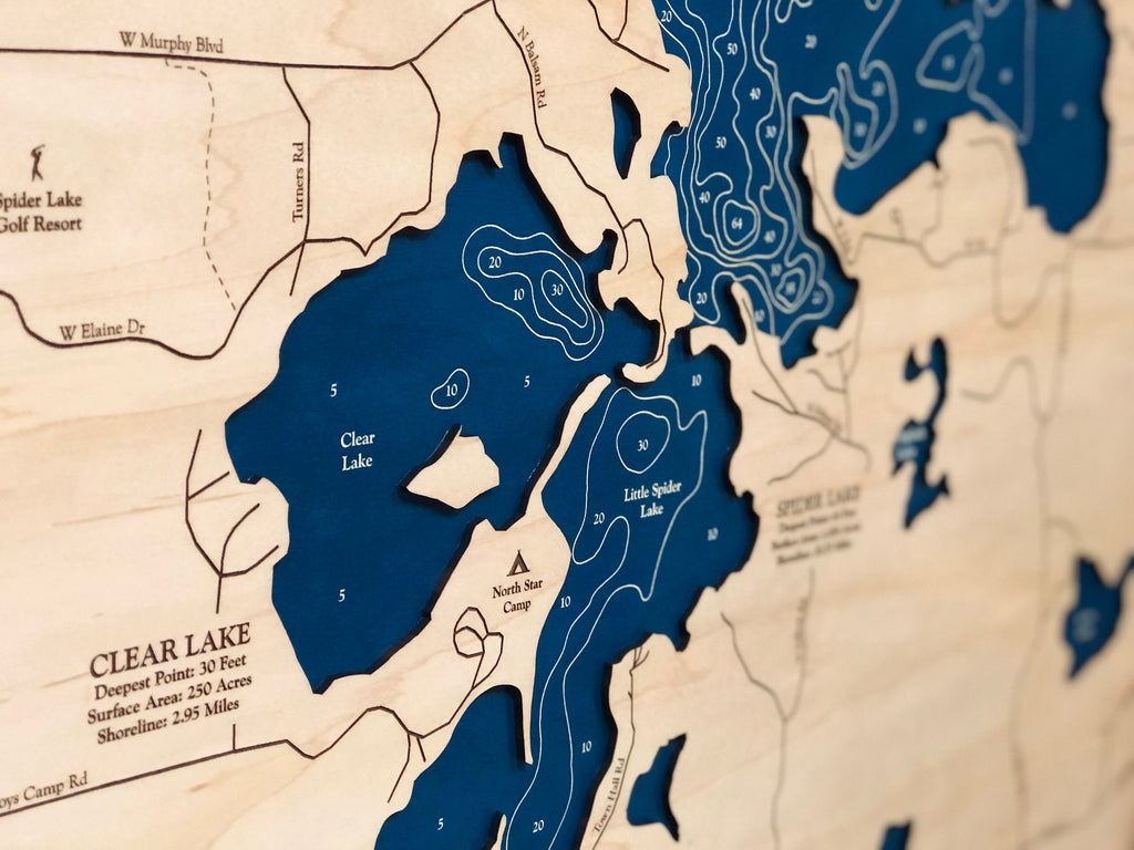 Spider Lake Chain Laser Engraved Wood Map