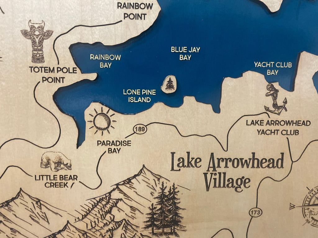 Lake Arrowhead Map with Graphic Laser Engraved Wood Map