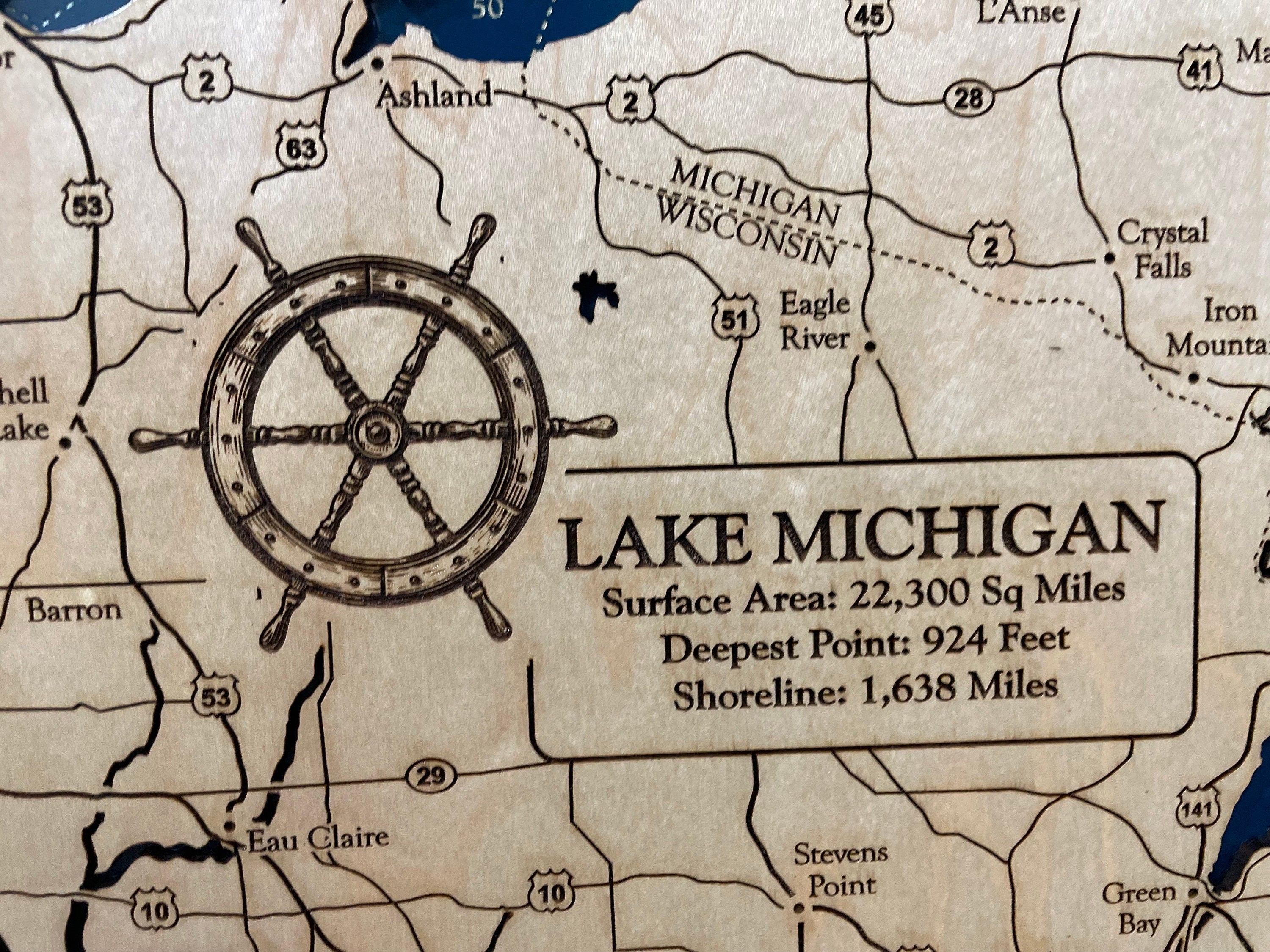 Great Lakes Map with Nautical Graphics Laser Engraved Wood Map