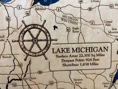 Great Lakes Map with Nautical Graphics Laser Engraved Wood Map