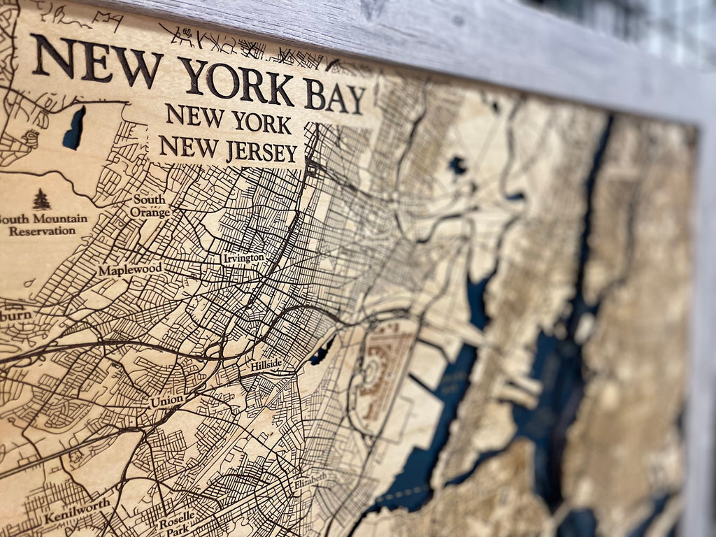New York Bay Map Laser Engraved Wood Map