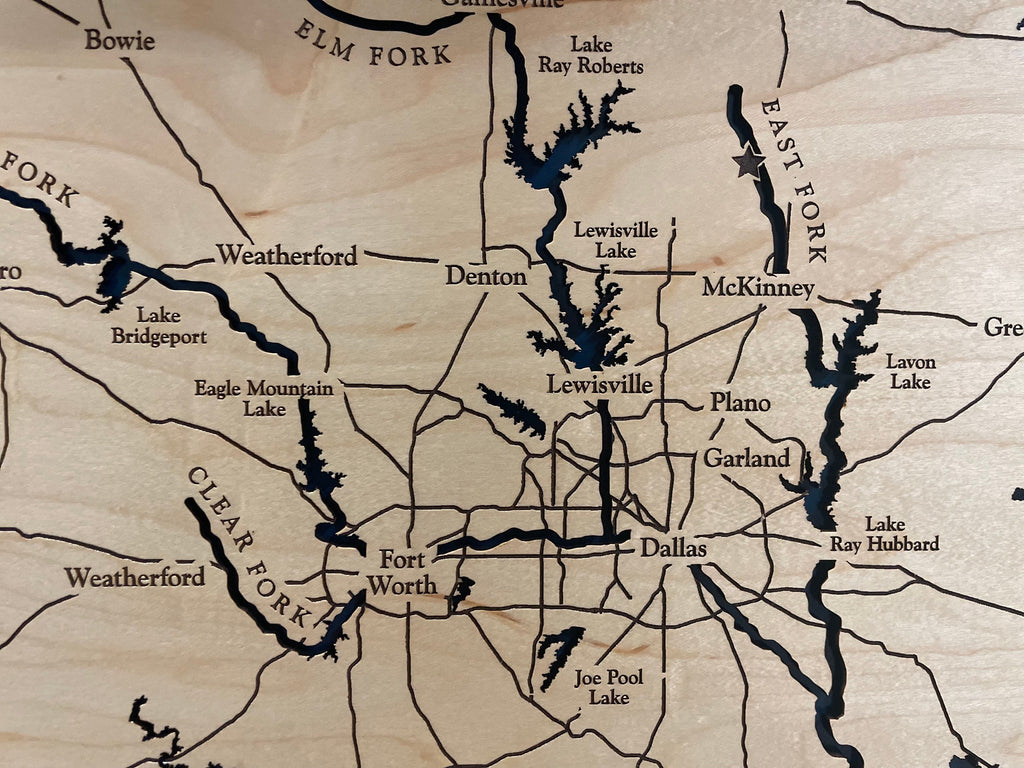 Trinity River Map Laser Engraved Wood Map