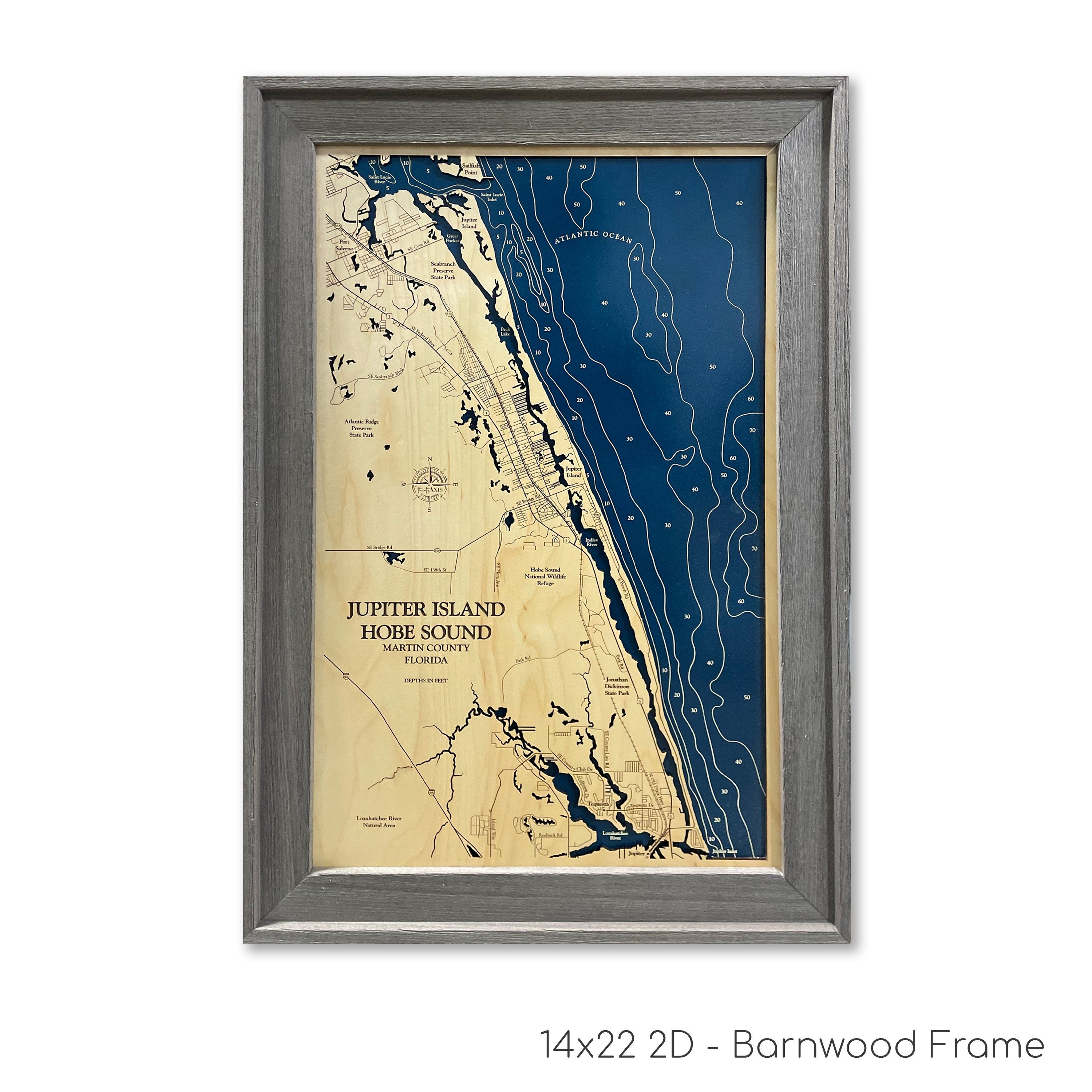 Jupiter Island Hobe Sound Florida Dimensional Wood Carved Depth Contour Map