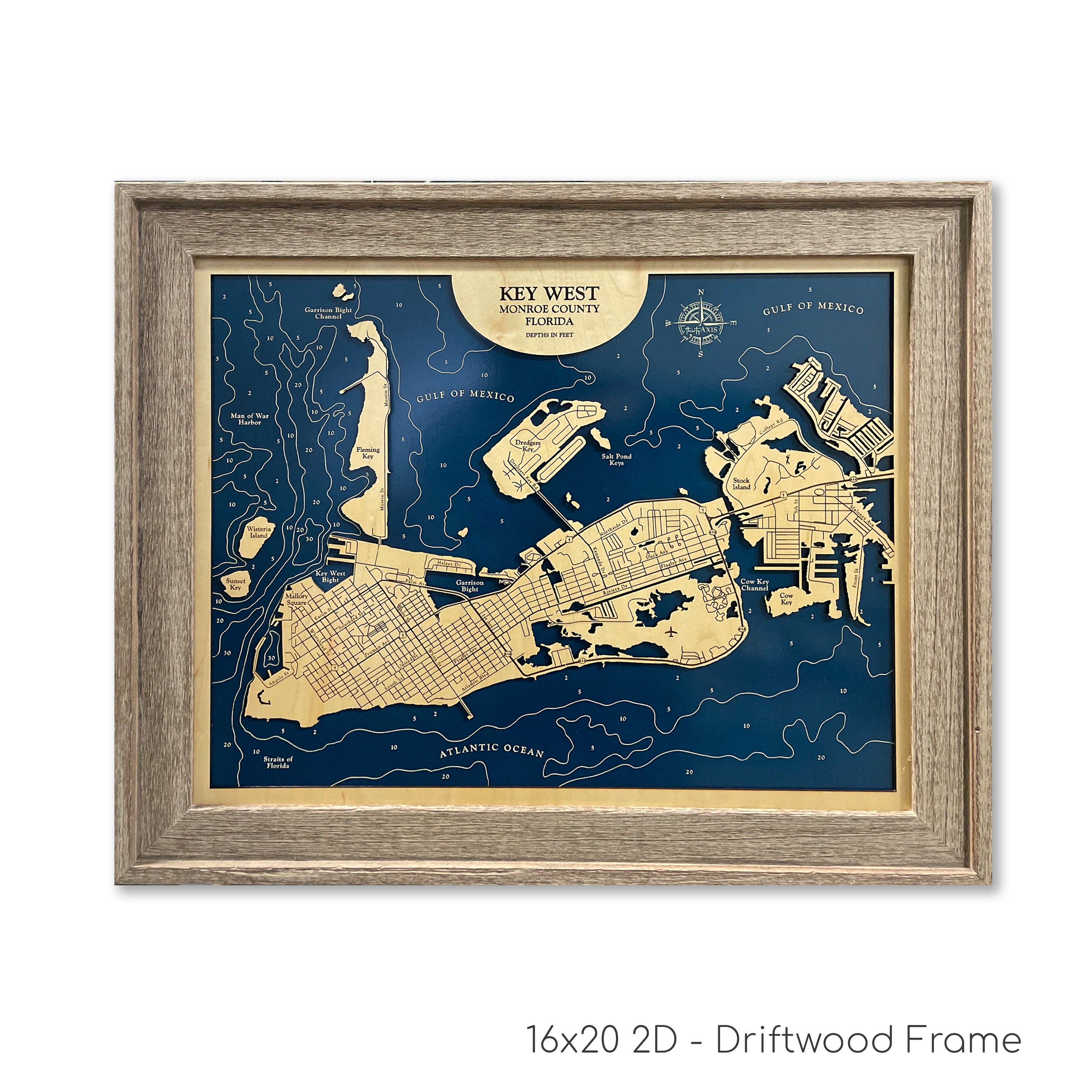 Key West Florida Laser Engraved Wood Map