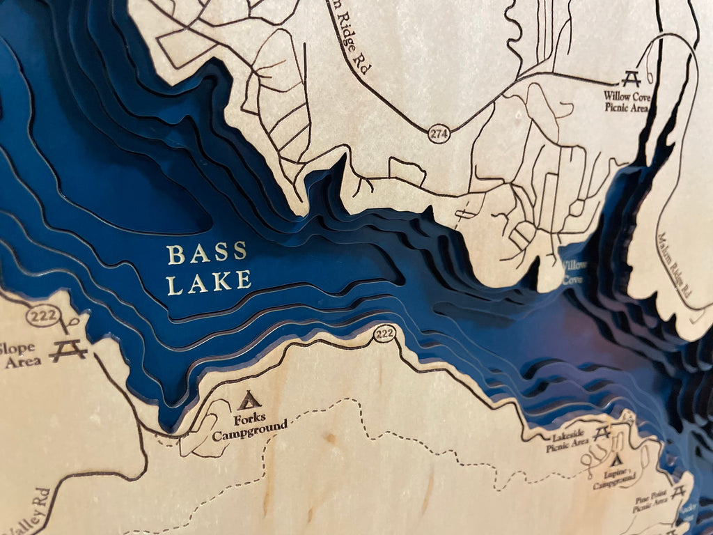 Bass Lake Map Laser Engraved Wood Map