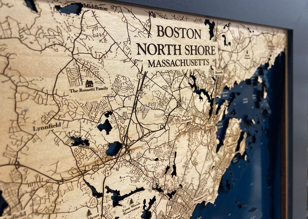 Boston North Shore Map Laser Engraved Wood Map