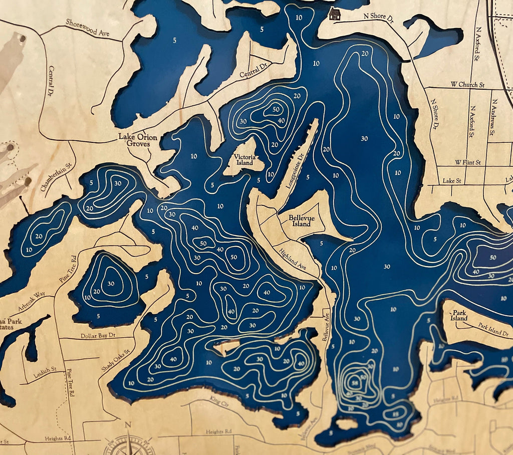 Lake Orion Map Laser Engraved Wood Map